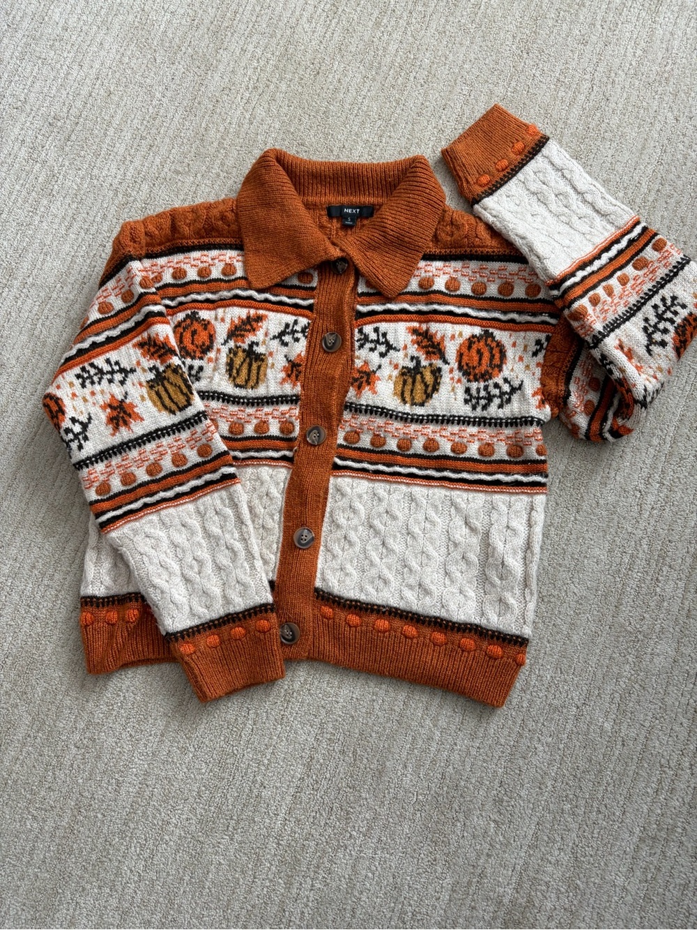 NWOT Viral Next Pumpkin Autumnal Cable-Knit Button Cardigan Sweater, size S